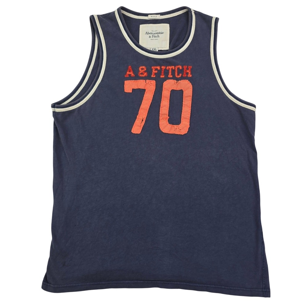 Abercrombie & Fitch Muscle Tank Top XXL Blue Distressed 70 Applique Vintage Y2K